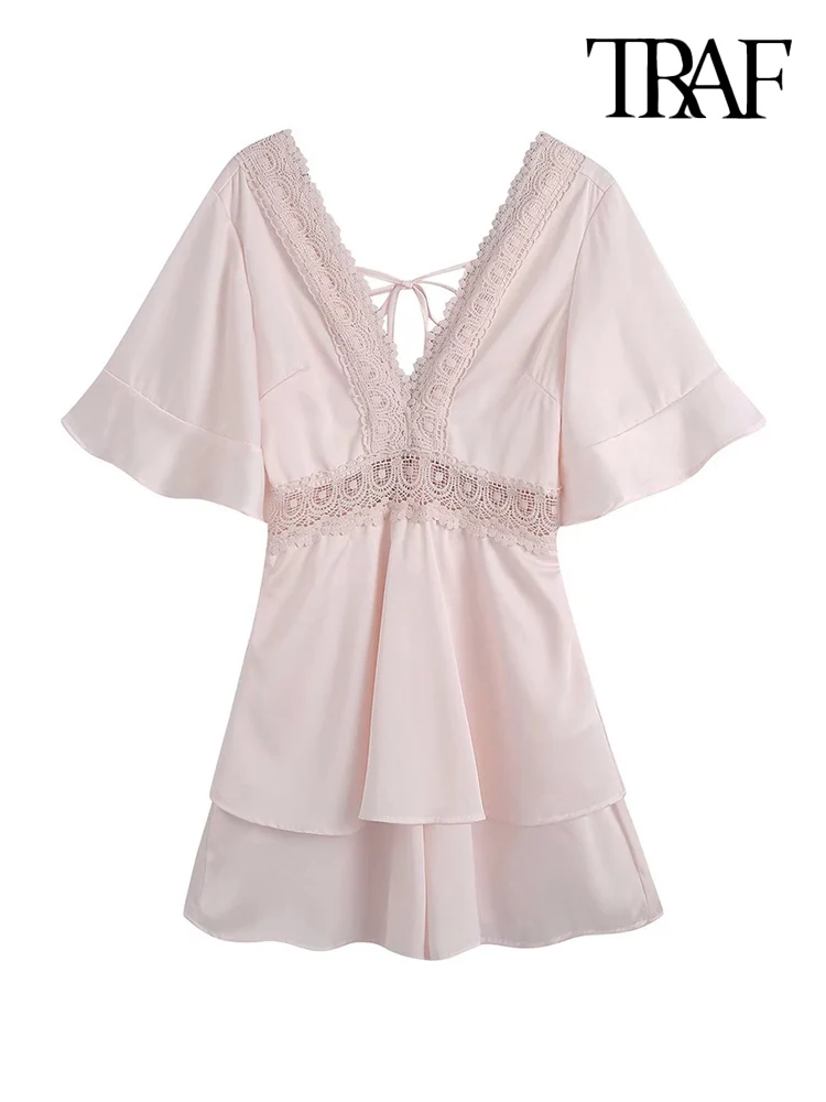 

TRAF Women Fashion With Lace Satin Playsuits Vintage Short Sleeve Backless Female Jumpsuits Mujer