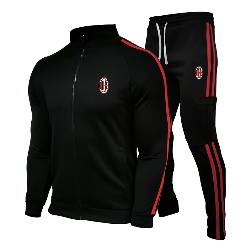 2023 Spring New Football Team Men's Suit Stripe Zipper Cardigan Two Pieces Casual Tracksuit Male Sportswear Gym Brand Clothing