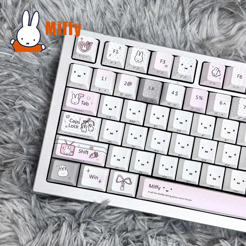 Фото Набор кейкапов для механической клавиатуры Kawaii Miffy: милый кролик, пастельные серо-розовые цвета, PBT, сублимационная печать, аксессуар для рабочего стола, подарок для офисной сотрудницы №1