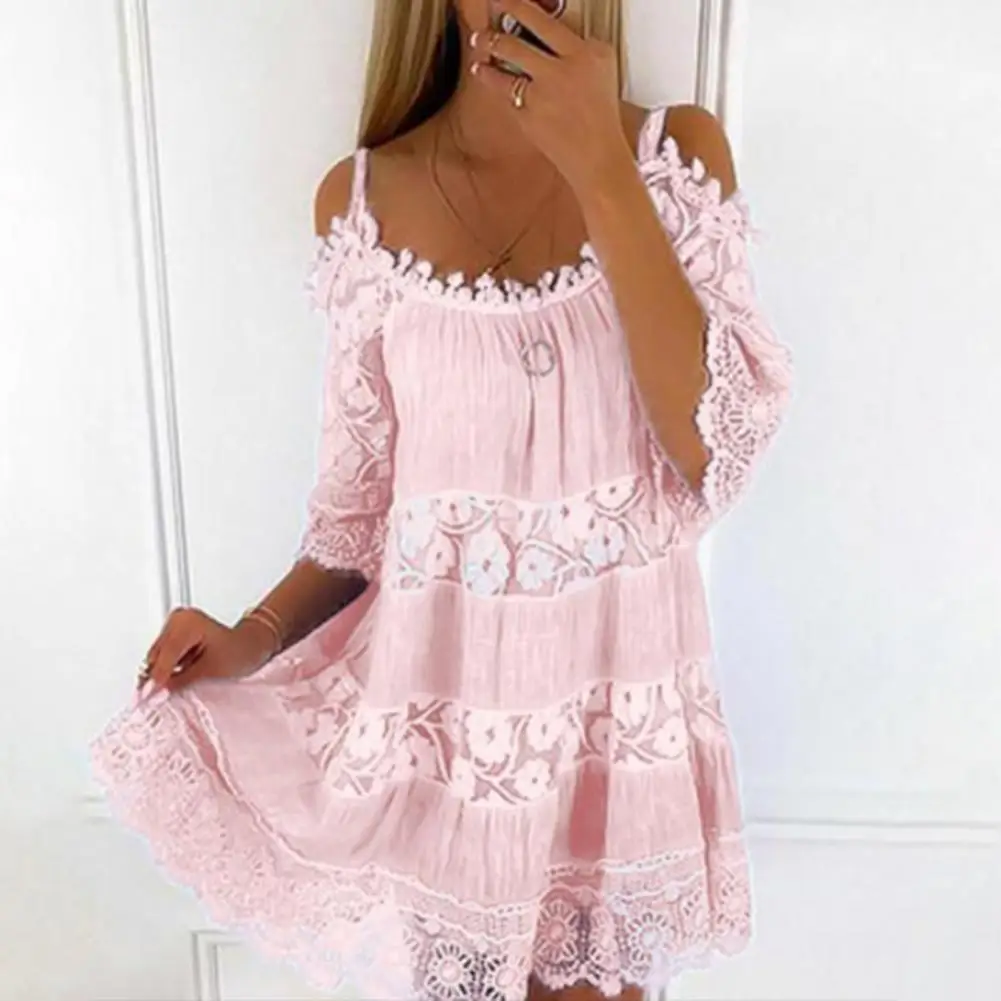

Embroidery Crochet Lace Cold Shoulder Mini Dress Women Scoop Neck Half Sleeves Mid-Rise Loose Fit Summer Dress Lady Beach Dress