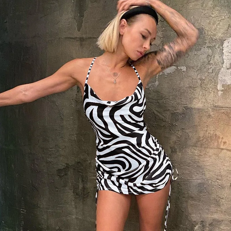 

Summer Zebra Stripes Dress for Women 2023 Slim Wrap Leopard Print Dresses New Mini Sexy Backless Strappy Dress