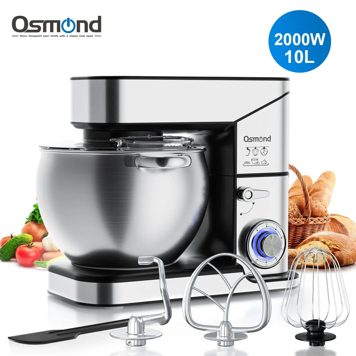 

OSMOND 2000W 10L Stand Mixer Stainless Steel Bowl 6-speed Kitchen Food Blender Cream Egg Whisk Cake Dough Kneader Bread Maker