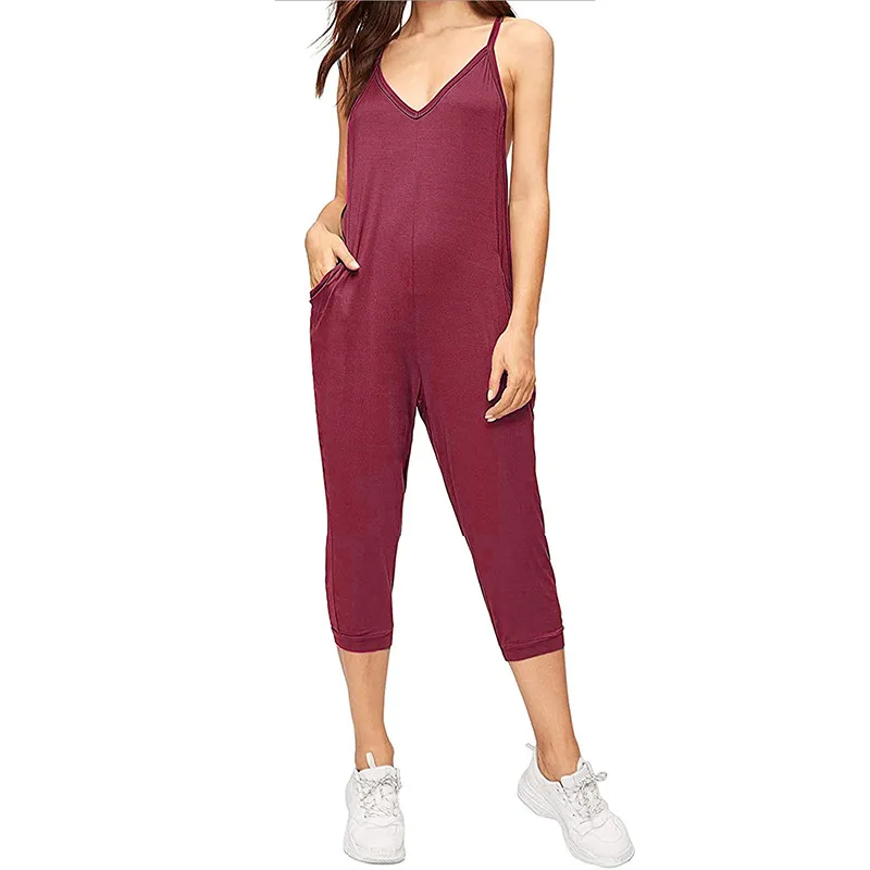 Женский свободный комбинезон без рукавов длинный хлопковый комбинезон-карандаш