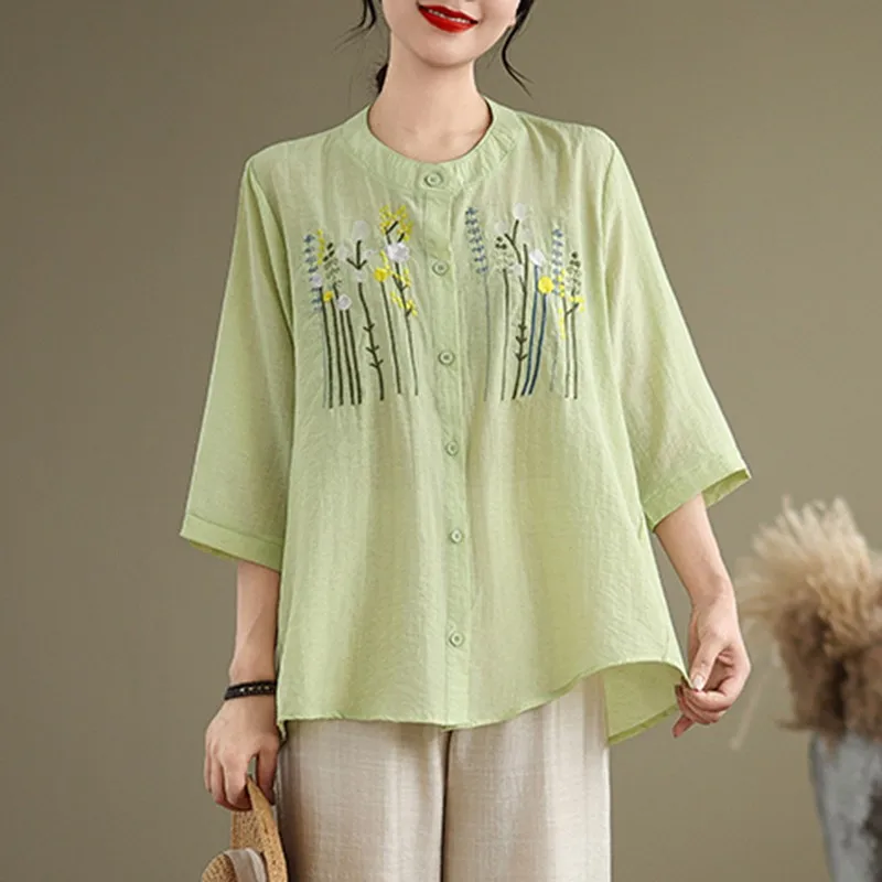 Женская Повседневная рубашка с цветочной вышивкой винтажная Свободная в