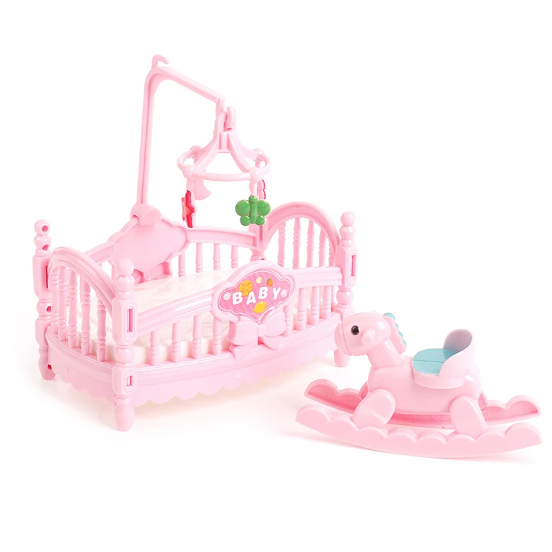 

Miniature Crib Bed And Wooden Horse For Children Girls Gift Doll House Decor For Children Girls Gift Outdoor Doll