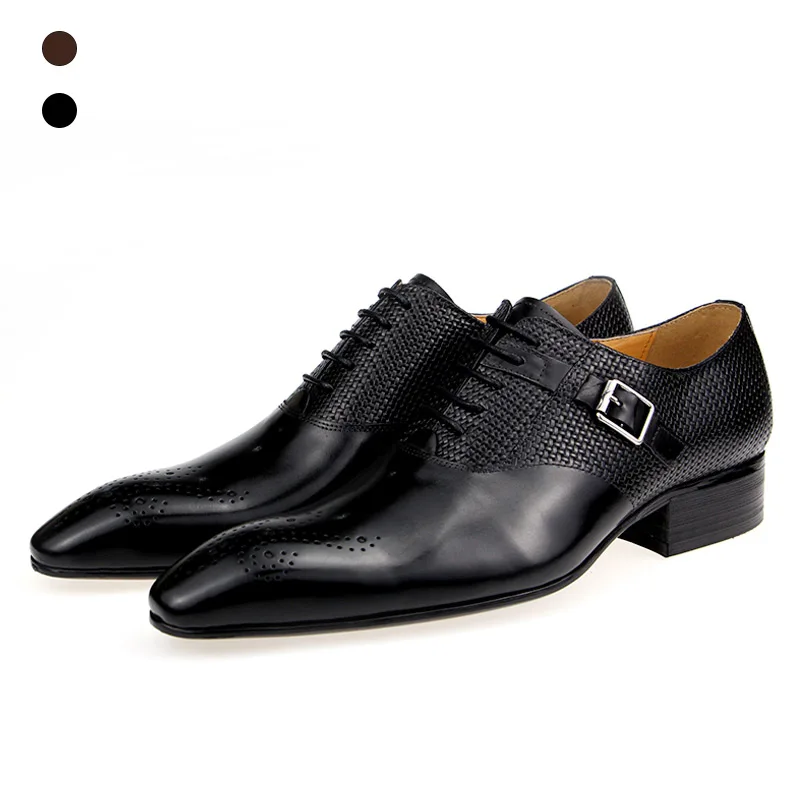 Brogues Business Genuine Leather Shoes Fashion Wedding Oxfords Lace-up Pointed Toe Weave Luxury Brand Mens penny vintage stylish