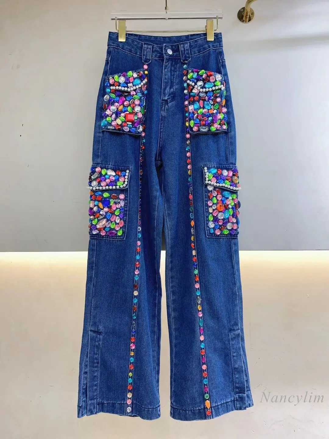 

2022 Early Autumn Jeans New Heavy Industry Manual Seam Diamond Pocket High Waist Slit Wide Leg Pants Denim Trousers Slimming