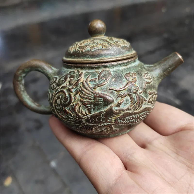 

Brass dragon and phoenix wine pot and teapot, Exquisite old-fashioned copper kettle