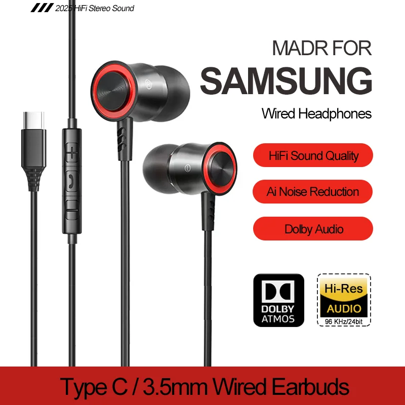 Фото Наушники USB C Dolby Sound с шумоподавлением Type C 3,5 мм, музыкальные проводные наушники для Samsung Galaxy S24 S23 Ultra iPhone 16 15 №1