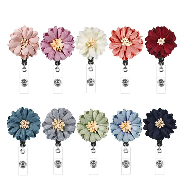 

10 Pieces Badge Clips ID Badge Reel Clip Handmadefabriccolored Flowerseasy-To-Pull With Alligator Clip