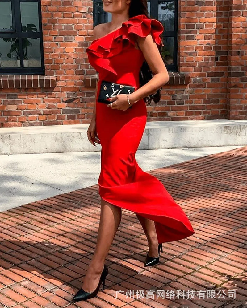 

2021 New Ruffled Side Open Irregular Slim Dress Red Sexy Dress Dress Red