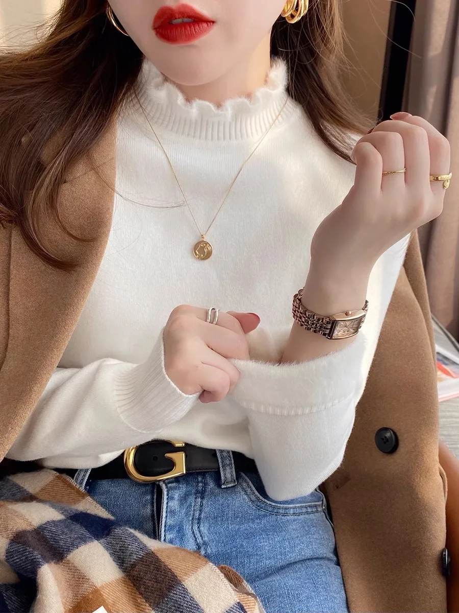 Gentle Sophisticated Sle Wooden Ear Half-high Collar Slim fit Long sleeve Knit Female Winter Thickened Mink Velvet Commuter... |