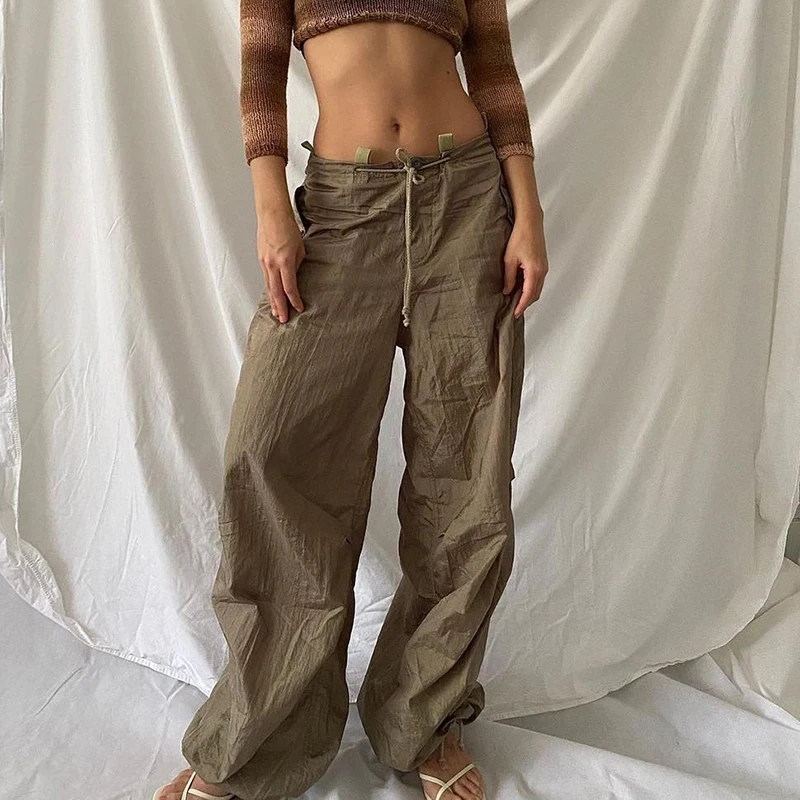 

Khaki Low Rise Cargo Pants Vintage Baggy Wide Leg Trousers Women Streetwear Straight Pants Y2k Harajuku 90s Loose Capris
