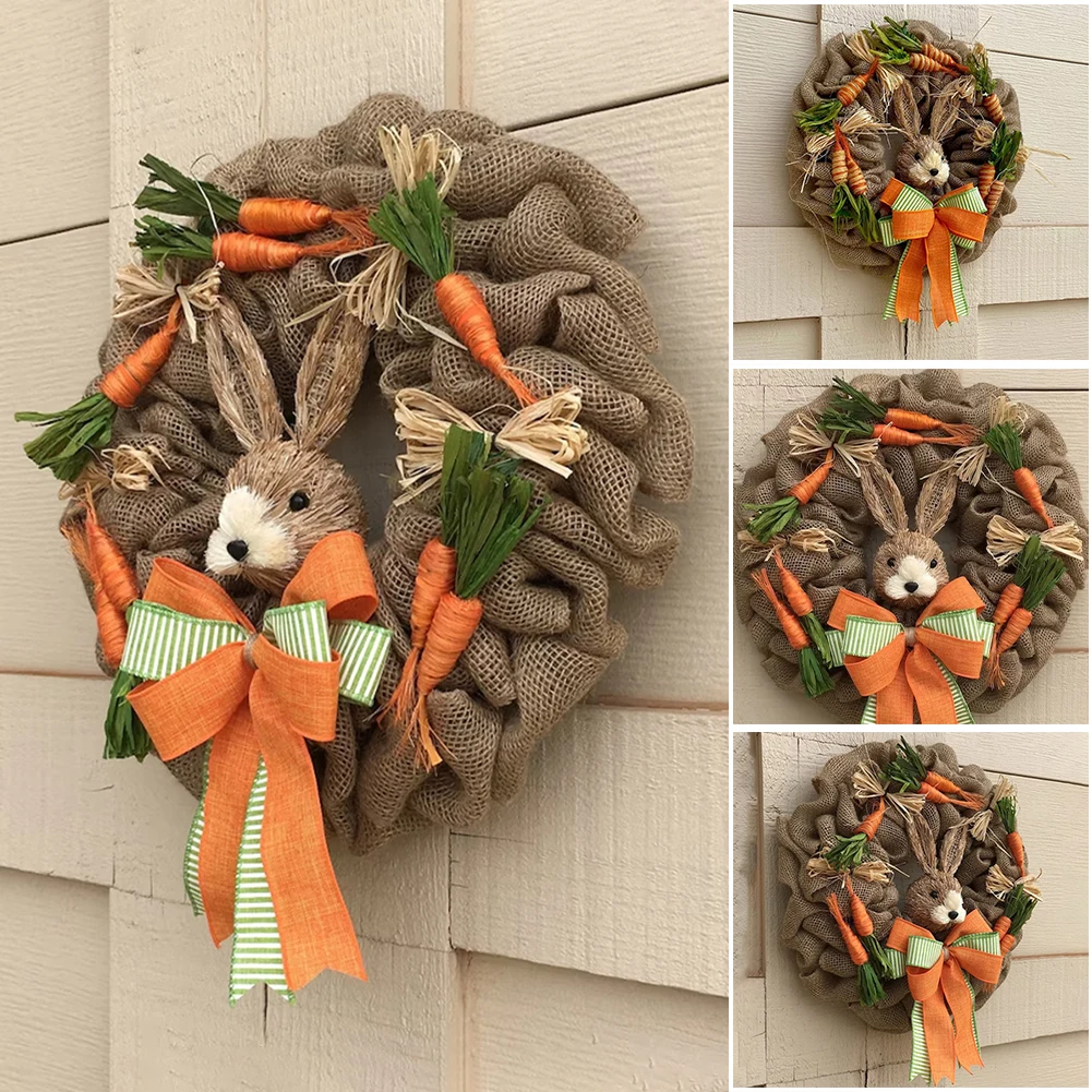 

35cm Rustic Easter Rabbit Artificial Wreath for Front Door Cute Bunny with Carrots Wall Hanging Garland Easter Decoration 2023