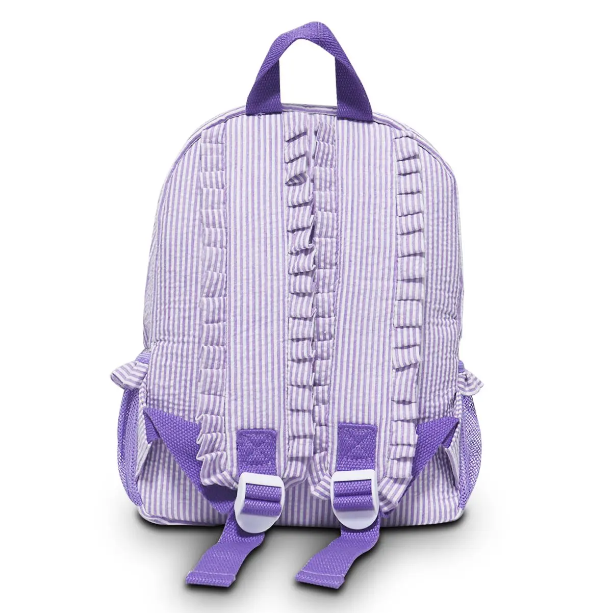 Preschool Kids Seersucker Ruffle Backpacks Purple Ruched Striped School Backpack For Summer Travel Bag Baby Girl Gifts Domil103