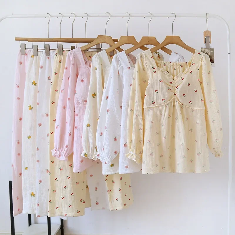 Пижамный комплект с длинным рукавом пуловер V-образным вырезом Женская марлевая