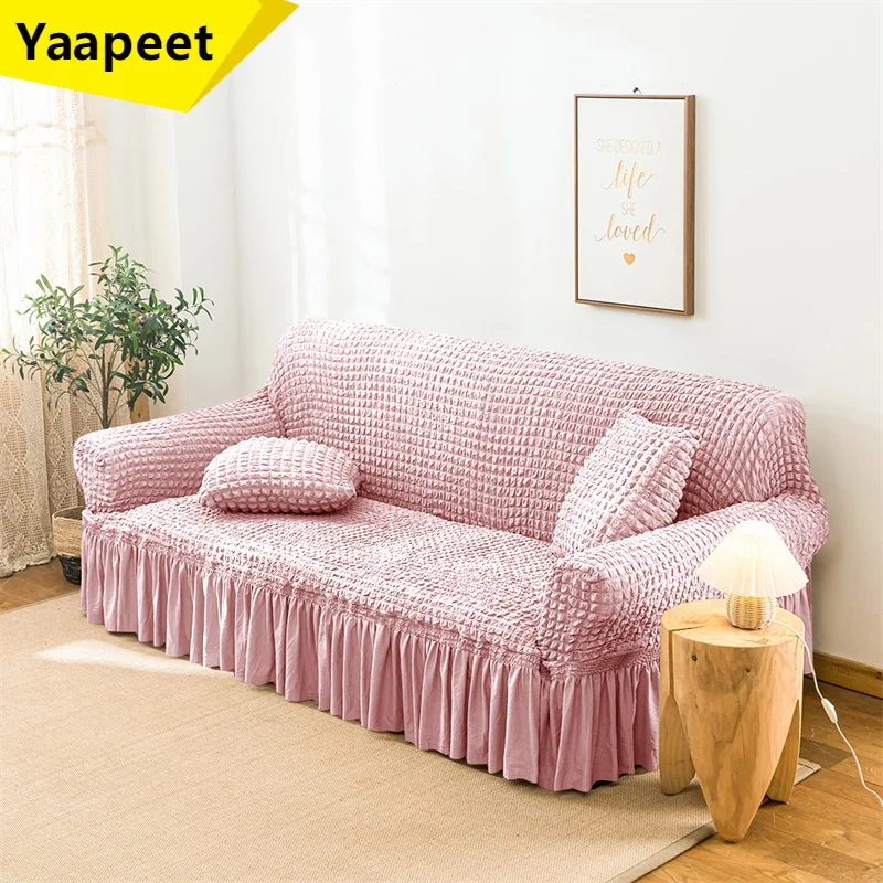 

Pink Seersucker Couch Cover Solid Color Spandex Sofa Slipcovers Dustproof Washable Sofa Cover Protector for Living Room Bedroom