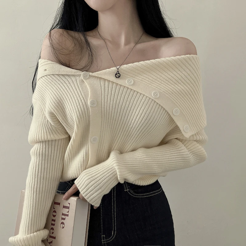 

Женский трикотажный кардиган на пуговицах, Элегантный Теплый кардиган с открытыми плечами, модный дизайнерский свитер в Корейском стиле, модель 2023 на осень, 29340