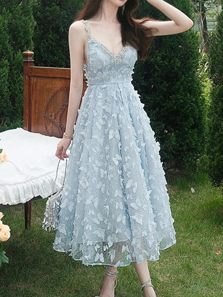 

Вышитое элегантное платье-бабочка с блестками, дизайнерское роскошное длинное платье на бретельках с кристаллами, 2022 летняя модная женская...