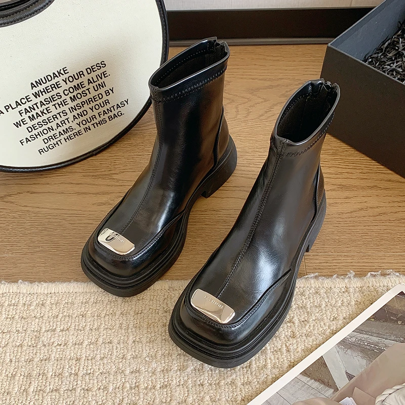 Autumn Chunky Heightening Genuine Leather Platform Women Round Toe Short Boot Shoes Ankle Elastic Boots Handmade Chelsea Boots