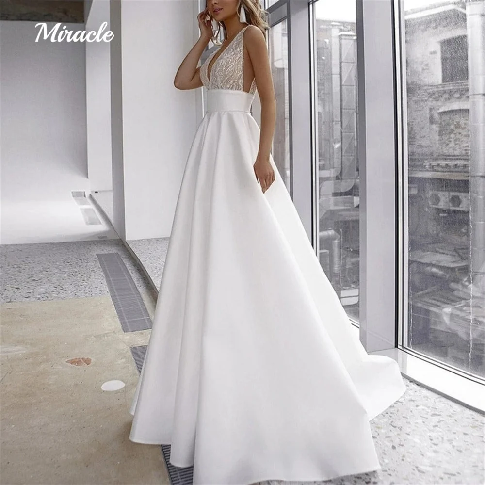 

Modern A-Line Wedding Dresses Deep V Neck Bride Robes Sleeveless Bridal Gowns Sexy Backless Satin Sequined Vestidos De Novia