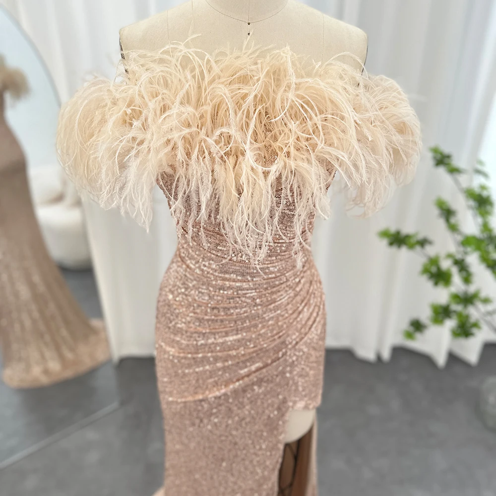 Jancember Luxury Feathers Slim High Slit Evening Dresses For Women Wedding Party Elegant Long Sparkling Prom Formal Gown SCZ068