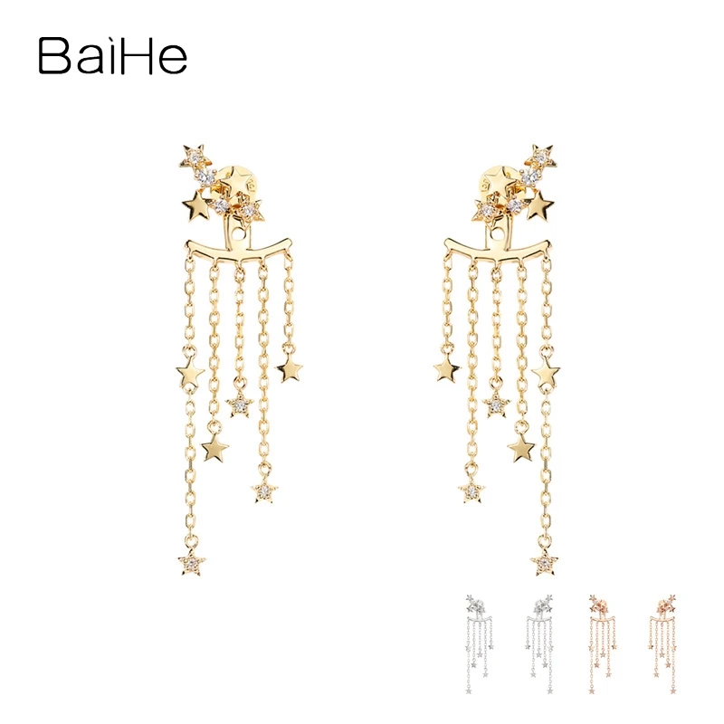 

BAIHE Solid 18K Yellow Gold H/SI Natural Diamond Star Tassel Stud Earrings Women Wedding Trendy Fine Jewelry aretes kolczyki