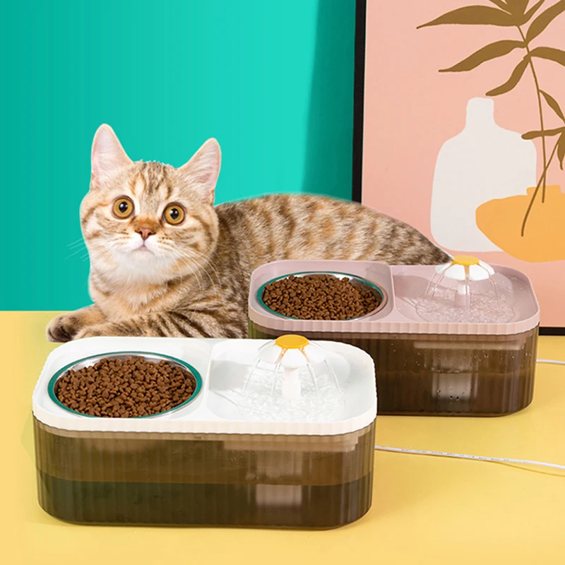 

Pet Automatic Water Dispenser Food Bowl 2-in-1 Cat Dog Recirculating Living Spring Water Filter Flower Feeder Drinker Together