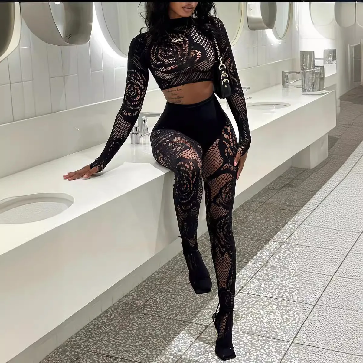 Ажурный кружевной комплект из двух предметов соблазнительный сетчатый с ложным