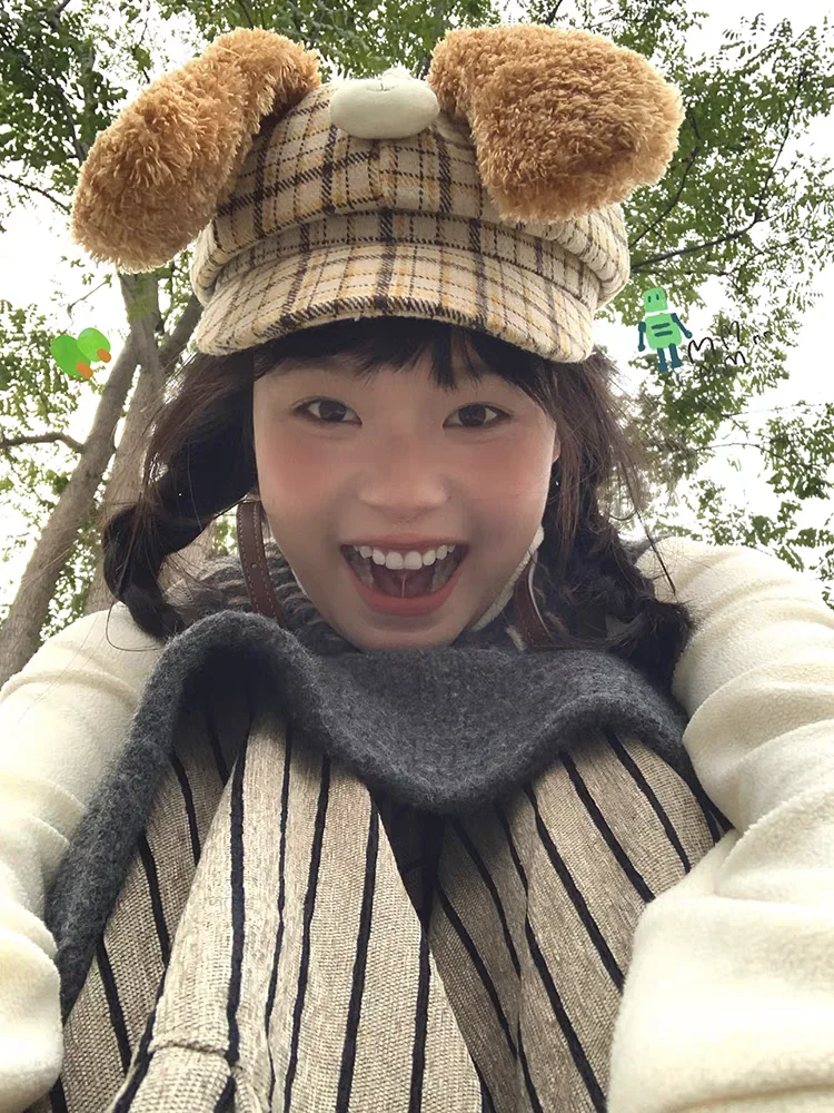 Butter Puppy Dog Plush Ears Plaid Hat Women Autumn and Winter Cute Warm Face Slimming Octagonal Beret