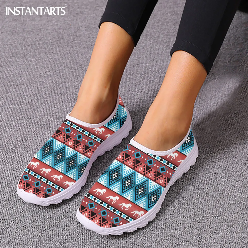 Tribal Aztec Running Horse Summer Mesh Shoes Women Mens Teenager Flat Shoes Lightweight Slip-on Tennis Casual Lazy Footwear Gift