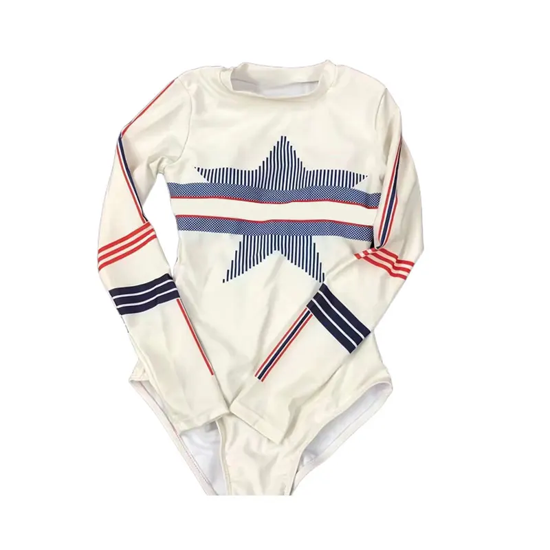 

2023 Brand New Women White Long Sleeve Five star And Stripe Print Surfing Suit Sunscreen Swimsuit