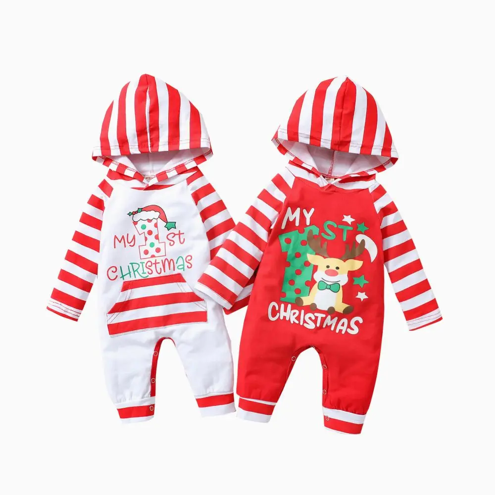 

2023 Winter Babies Christmas Romper Red/ White Letters and Stripe Printed Pattern Long Sleeve Hooded Jumpsuit