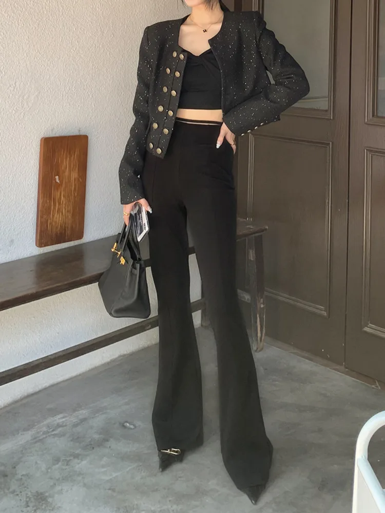 em UCXQ Elegancki blezer Płaszcz Koreański Styl O Szyja Dwurzędowa Moda Wszystko Dopasowane Krótkie Kurtki Kobiety 2024 Nowa Wiosna Jesień