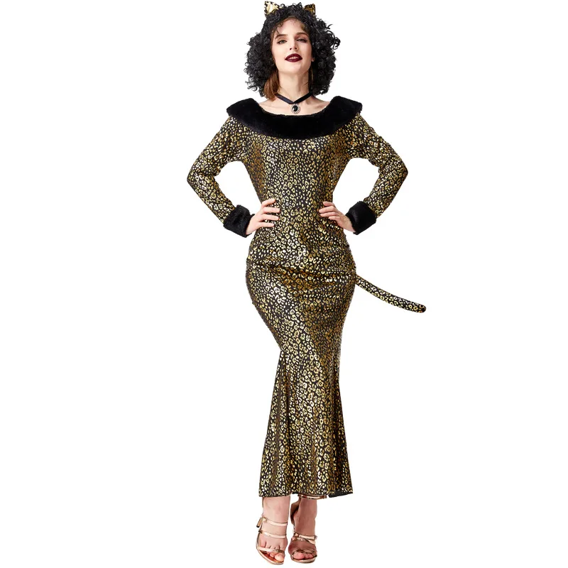 

Adult Leopard Cat Girl Costume Slim Leopard Mermaid Dress Women Long Sleeves women Cat Halloween Cosplay Costume