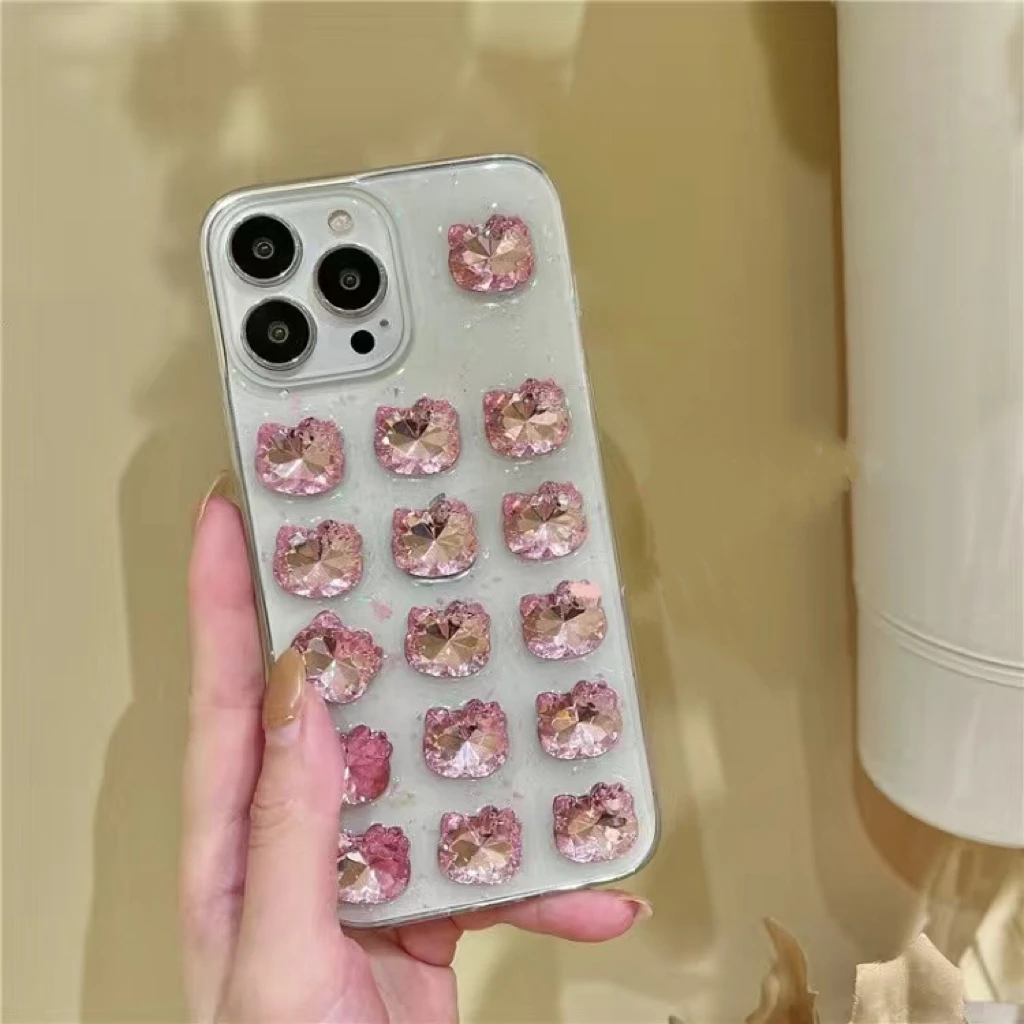 

Sanrio Hello Kitty 3D Cartoon Rhinestones Phone Cases For IPhone 13 12 11 Pro Max Mini XR XS MAX 8 X 7 Girl Anti-drop Soft Cover