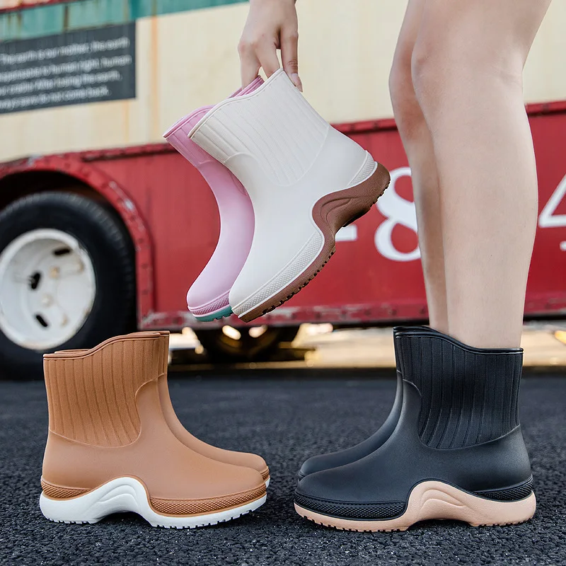2023 Women's Rain Boots Ladies' Rubber Flat Shoes PVC Macaroon Mixed-color Waterproof Non-slip Outdoor Leisure Plus Size