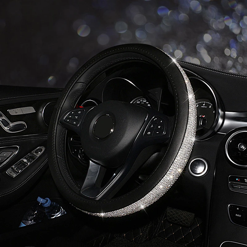 

1pc Steering Wheel Cover 38cm Accessory Auto Handmade Leather+Rhinestone