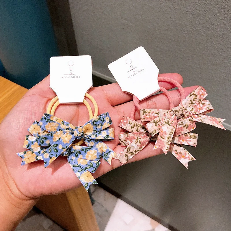 

2pcs/lot Fashion Korean Children's Fabric Floral Bow Rubber Band Hair Rope Fresh Sweet Girl Princess Ponytail Hair Accessories