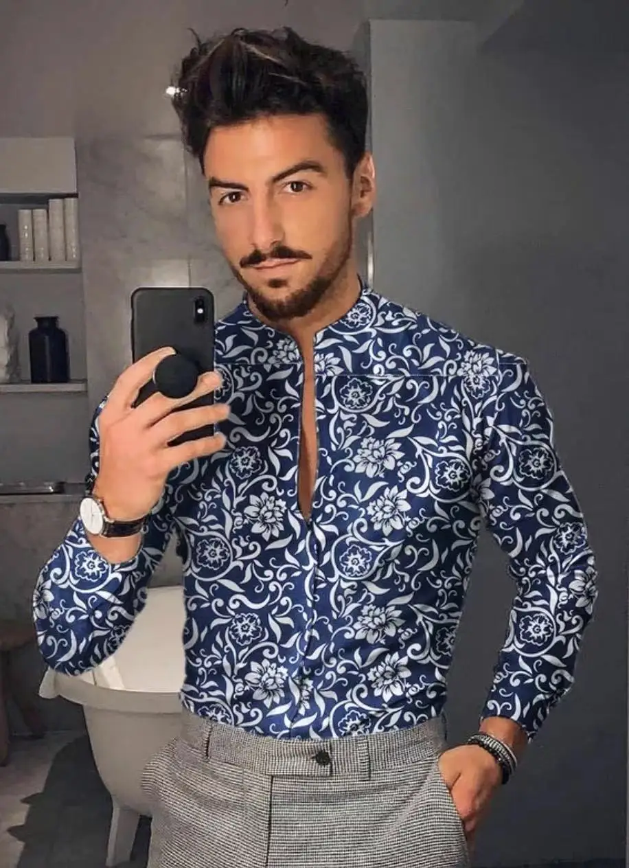 Men's Shirt Long Sleeve Hawaiian  Social Luxury Button Up Cardigan Blouses Wholesale 2021Single Breasted Turn-down Collar Broad