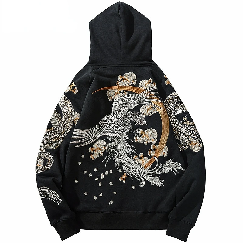 HeeneBerry Hip Hop Streetwear Hoodie Chinese Style Dragon Phoenix Embroidery Pullover New Autumn Cotton Fleece Floral Sweatshirt