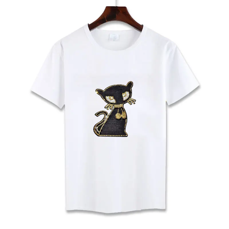 

Women's Sequined T-Shirts Shiny Black Cat Tshirts for Women Modal Personalized Elastic Short Sleeve O-Neck Skinny Tees Shirts