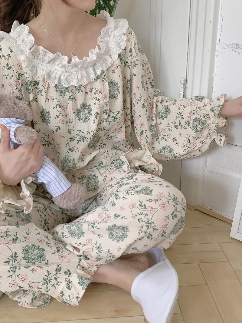 Women's Cotton Gauze Pajamas Fall Pullover Retro Printing Homewear Set Long Sleeve Trousers Suit Printing Fashion Set D475