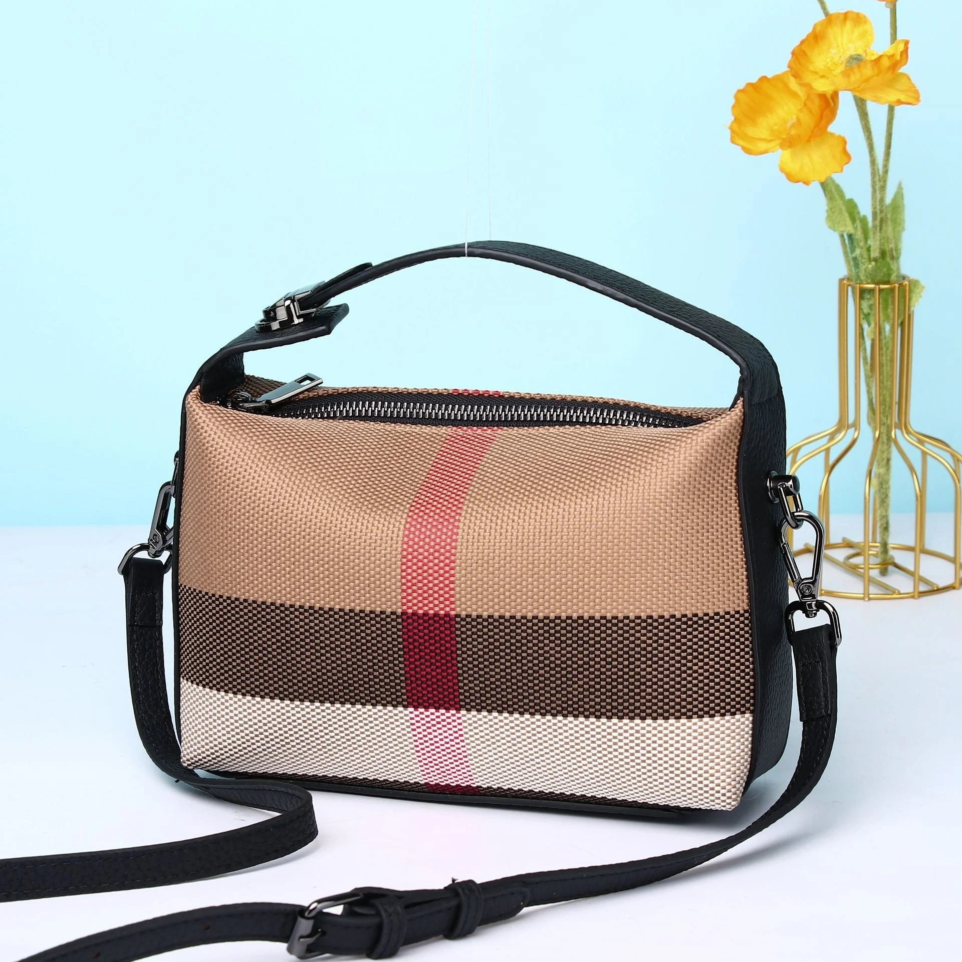 New Luxury Plaid Canvas Women's Bag Fashion Lock Top Handle Genuine Leather Female Tote Handbag Retro Small Messenger Crossbody