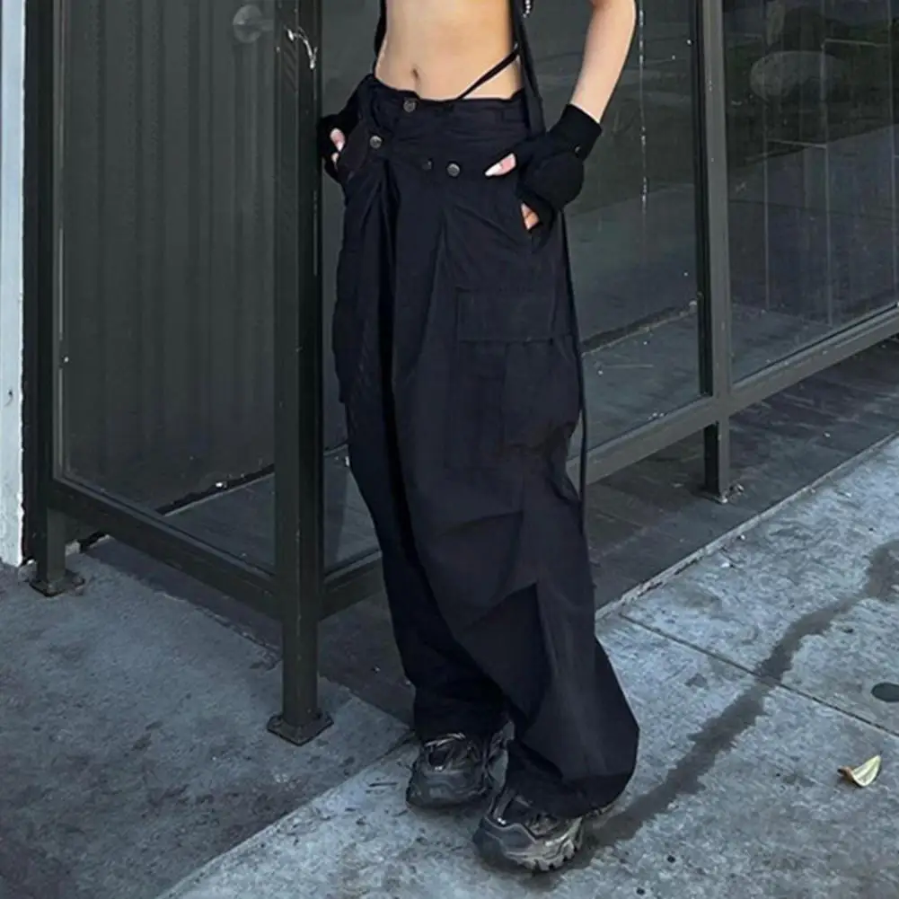 

High-Waist Multi Pockets Drawstring Elastic Waistband Women Trousers Buttons Fly Casual Oversized Straight Wide Leg Cargo Pants