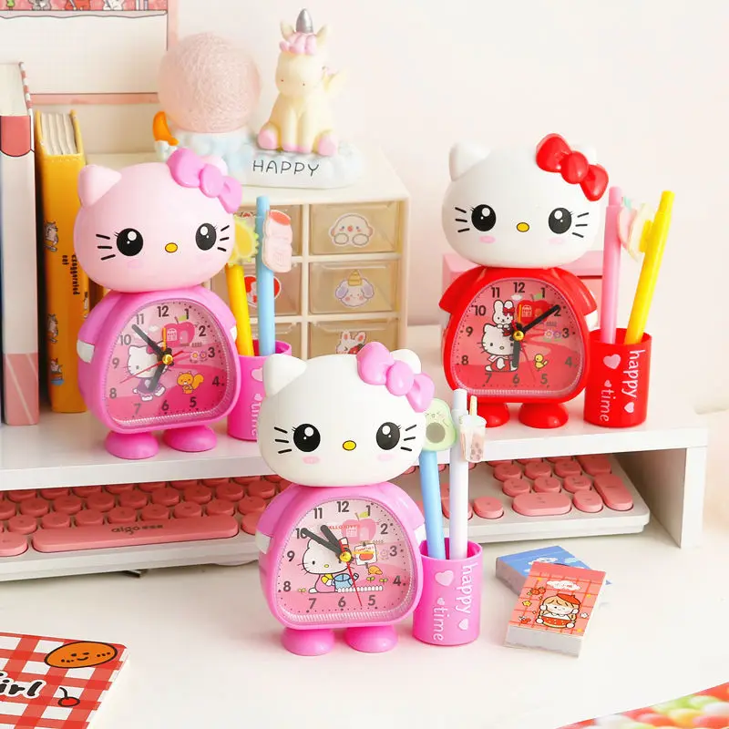 Sanrio Cartoon Alarm Clock Kawaii Hello Kitty Pen Holder Cute Children's Alarm Clock Pen Holder Desktop Ornaments Child Gifts