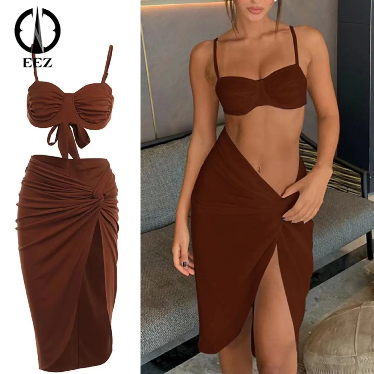 

【Two Piece Sets】Ruched Elegant Sexy Split Midi Skirts Sets Women Brown Crop Tops Vacation Beach Outfits Party Coquette Clubwear