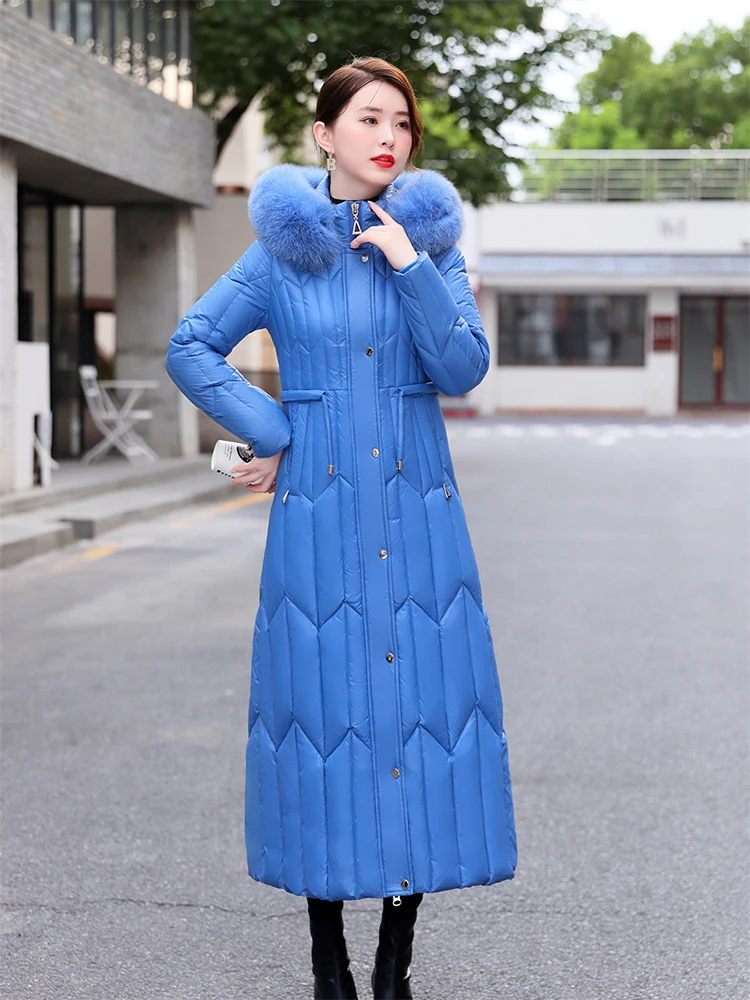 New Women Dress-style Down Coat Winter Fashion Real Fox Fur Collar Lengthened Thicken Down Jacket Detachable Hooded Overcoat