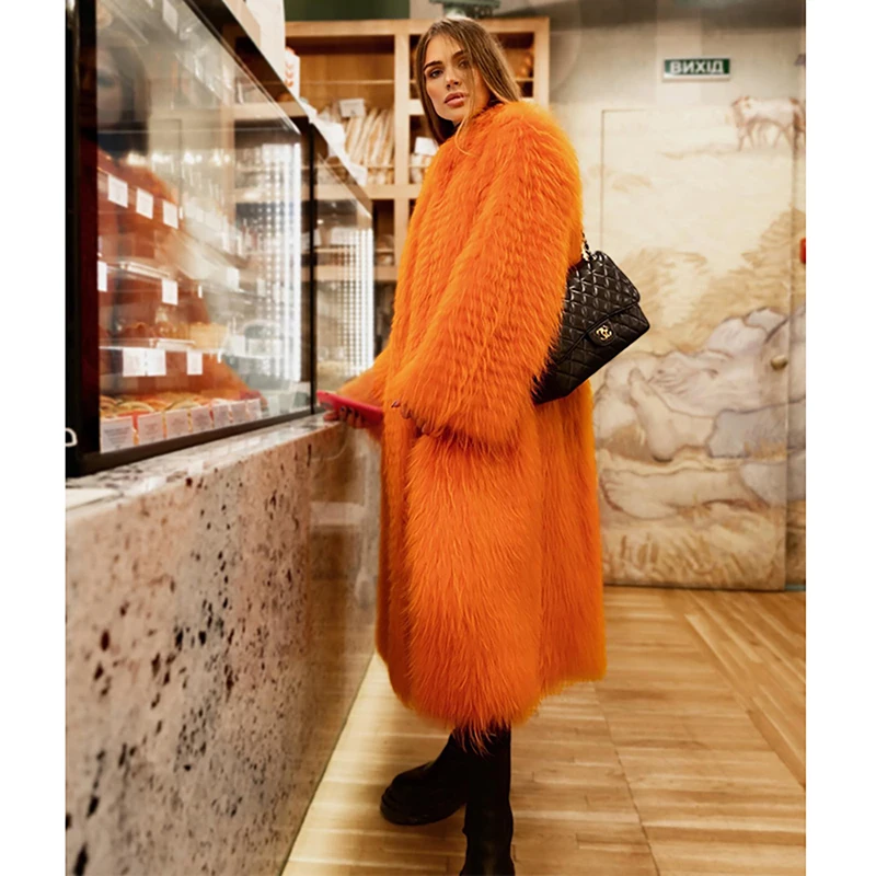120 Cm Weave Natural Fox Fur Jacket Women Vintage Loose Long Sleeev Outertwear Tops Winter Luxury Real Fox Fur Coat Female
