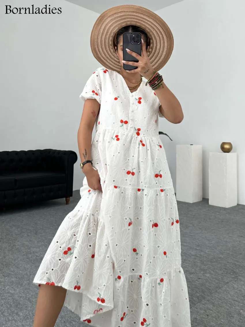 

Женское жаккардовое платье Bornladies с клубничным принтом, женское модное свободное платье, женское ТРАПЕЦИЕВИДНОЕ Летнее белое платье из 100% х...